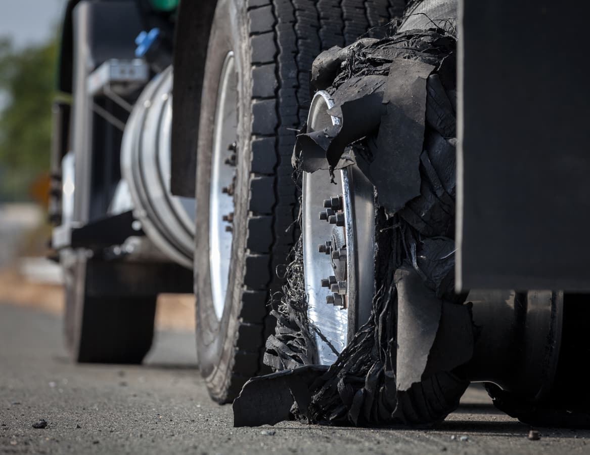Close up view of truck tire blowout